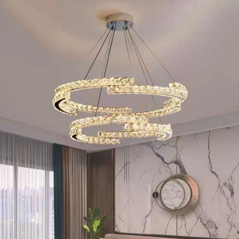 Lustre LED Suspendate - Lustra LED suspendata cu telecomanda si cristal MIA LATIFAH 70W, 2 Cercuri, lumina Rece/Calda/Neutra, Dimabila, Crom Lucios, Inaltime Reglabila