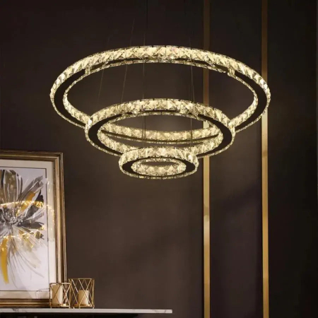 Lustra LED suspendata cu telecomanda si cristal PRISM LUMINIS 78W, 3 Cercuri, lumina Rece/Calda/Neutra, Dimabila, Argintiu, Inaltime Reglabila [4]