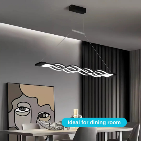 Lustră suspendată LED 76W, Liniară, Negru – Dimabilă, Telecomandă - Design ondulat [1]