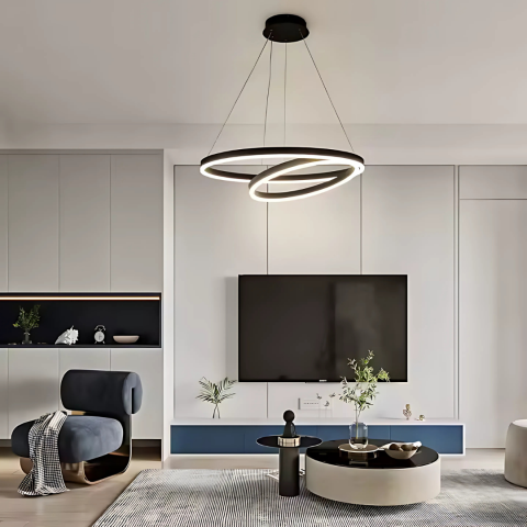 Lustre LED - Lustră LED suspendată, 31W, 2 cercuri, lumina neutră 4000K, dimabilă, negru, înălțime reglabilă, design modern