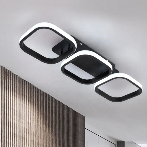 Lustra LED Moderna Grid cu 3 Patrate Paralele, 32W, Reglabila pe 3 Trepte de Culoare (Rece, Calda, Neutra), Design Geometric Minimalist, Finisaj Negru Mat, Ideala pentru Hol, Birou, Bucatarie [2]