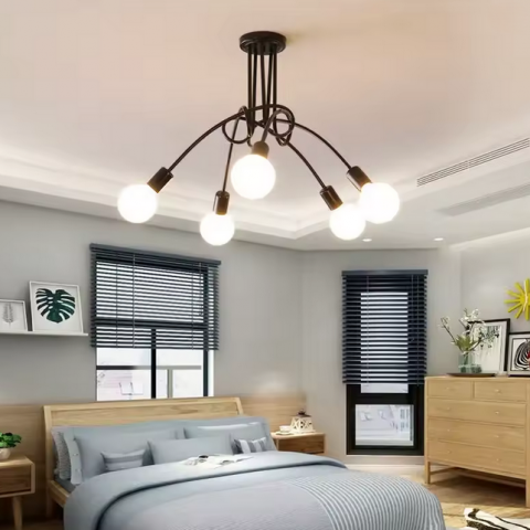 Lustra moderna cu 5 brate si socluri E27, design geometric sculptural, finisaj negru, iluminat decorativ pentru living si dormitor [2]