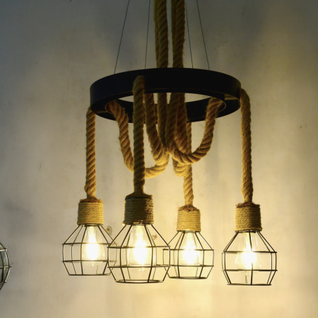 Lustra rustica cu 4 becuri E27, design roata, metal si sfoara maro [2]