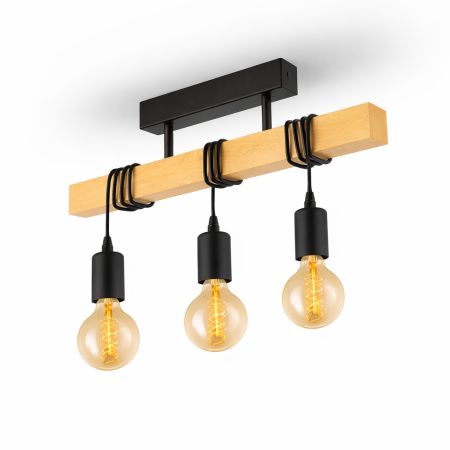 Lustra rustica Moderna 3xE27, lustră liniară din lemn și metal negru pentru living, bucătărie sau dining