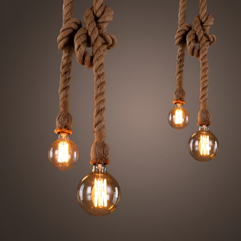 Lustre Vintage - Lustra vintage rustica din sfoara si metal, 2xE27