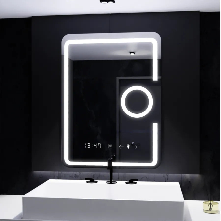 Oglinda LED dreptunghiulara 60x80cm cu ceas, termometru, lupa cosmetica, sistem dezaburire si lumina dimabila, design modern fara rama [7]