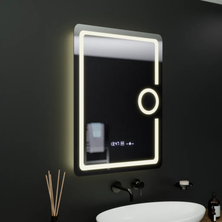Oglinda LED dreptunghiulara 60x80cm cu ceas, termometru, lupa cosmetica, sistem dezaburire si lumina dimabila, design modern fara rama [6]