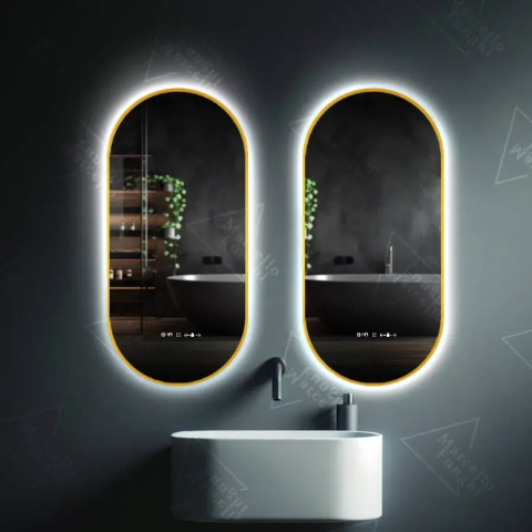 Oglinzi LED Premium - Oglinda LED Ovala, 60x80cm, Revin Senzor Marcello, Sistem Dezaburire, Ceas & Termometru, Dimabila
