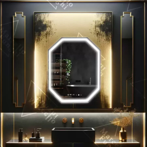 Oglinda LED Poligon, 60x80cm, Ralya Senzor MotionGlow Marcello, Sistem Dezaburire, Ceas & Termometru, Dimabila [1]
