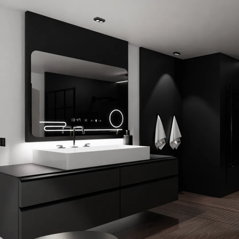 Oglinzi LED Premium - Oglinda LED Rectangulara, 100x60cm, Harmonie MotionGlow Marcello, Sistem Dezaburire, Ceas & Termometru, Lupa Cosmetica, Dimabila