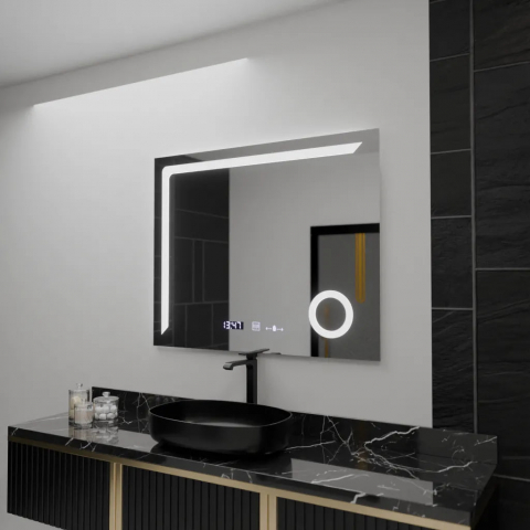 Oglinzi LED/Smart - Oglinda LED Rectangulara, 100x80cm, Precision MotionGlow Marcello, Sistem Dezaburire, Ceas & Termometru, Lupa Cosmetica, Dimabila