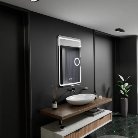 Oglinzi LED Premium - Oglindă LED Dreptunghiulară 50x70cm, Dimabilă, Dezaburire, Ceas, Termometru, Lupă Cosmetica