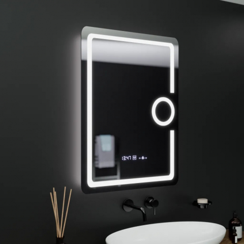 Oglinzi LED Premium - Oglinda LED dreptunghiulara 60x80cm cu ceas, termometru, lupa cosmetica, sistem dezaburire si lumina dimabila, design modern fara rama