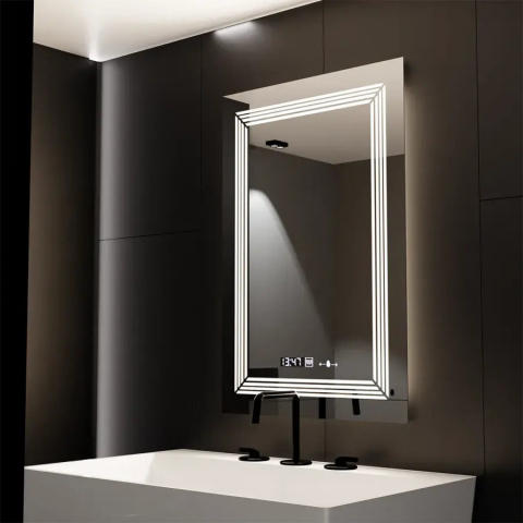 Oglinzi LED Premium - Oglinda LED Rectangulara, 60x80cm, Venezia Senzor MotionGlow Marcello, Sistem Dezaburire, Ceas & Termometru, Dimabila
