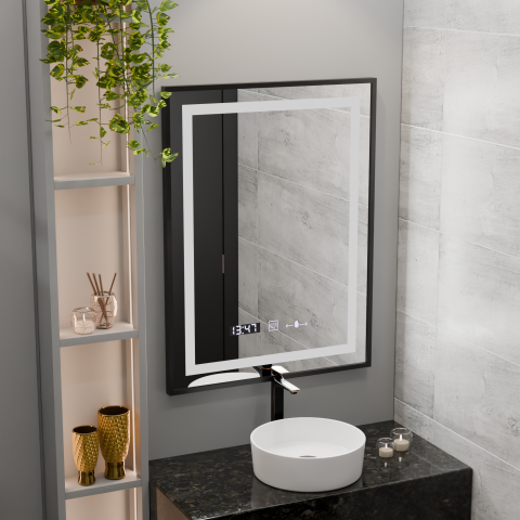 Oglinzi LED Premium - Oglinda LED Rectangulara, 60x80cm, Verite Majeste Noir Motion Glow Marcello, Sistem Dezaburire, Ceas & Termometru, Dimabila