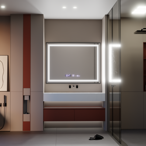 Oglinzi LED Premium - Oglinda LED Rectangulara, 80x60cm, Verite Majeste Noir Motion Glow Marcello, Sistem Dezaburire, Ceas & Termometru, Dimabila