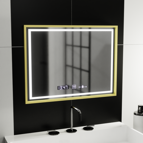 Oglinda LED Rectangulara, 80x60cm, Verite Royale Gold MotionGlow Marcello, Sistem Dezaburire, Ceas & Termometru, Dimabila [3]