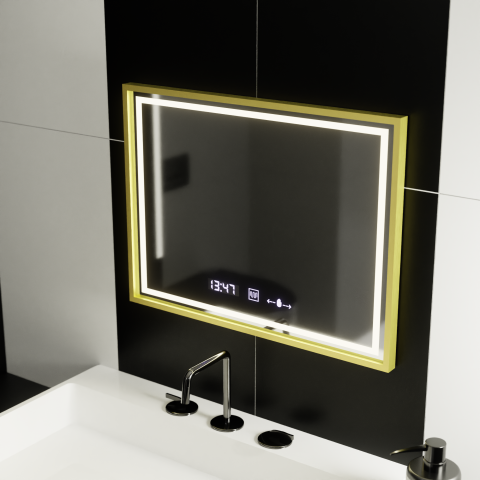 Oglinzi LED Premium - Oglinda LED Rectangulara, 80x60cm, Verite Royale Gold MotionGlow Marcello, Sistem Dezaburire, Ceas & Termometru, Dimabila