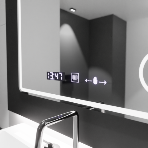 Oglinda LED Rectangulara, 90x75cm, Riflesso MotionGlow Marcello, Sistem Dezaburire, Ceas & Termometru, Lupa Cosmetica, Dimabila [1]