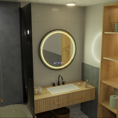 Oglinda LED Rotunda 60cm MotionGlow – Dimabila, Cu Dezaburire, Ceas & Termometru, Design Modern Elegant pentru Baie [3]