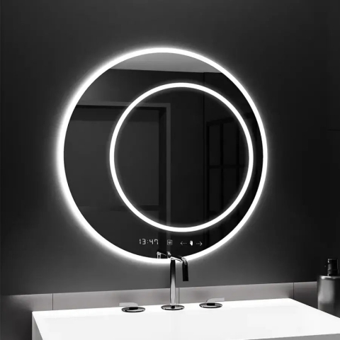 Oglinzi LED Premium - Oglindă LED rotundă 60cm cu touch, sistem dezaburire, ceas și termometru integrate, lumină rece dimabilă pentru baie modernă
