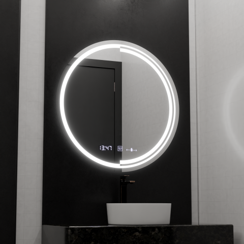 Oglinzi LED Premium - Oglinda LED Rotunda, 60cm, Senzor MotionGlow Consuel Marcello, Sistem Dezaburire, Ceas & Termometru, Dimabila