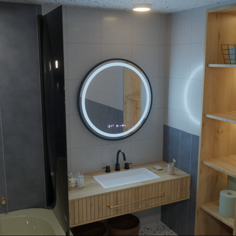 Oglinda LED Rotunda, 70cm, Celeste Majeste Noir MotionGlow Marcello, Sistem Dezaburire, Ceas & Termometru, Dimabila [2]