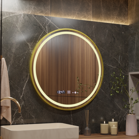 Oglinzi LED Premium - Oglinda LED Rotunda, 70cm, Celeste Royale Gold MotionGlow Marcello, Sistem Dezaburire, Ceas & Termometru, Dimabila