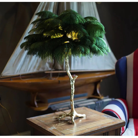 Veioze & Lampadare - Veioză decorativă cu abajur din pene, E27, 80 cm, Verde Închis & Auriu Lucios – Alessandro