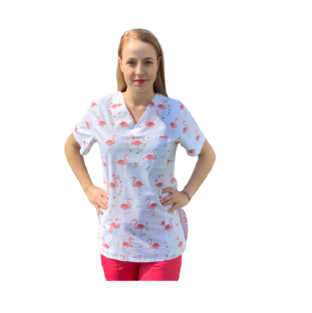 Bluza medicala alb cu flamingo [1]