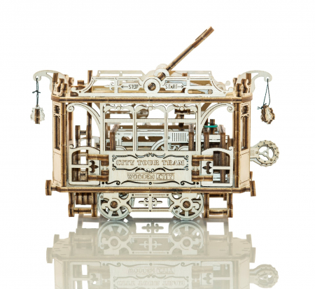 Puzzle 3D - Tramvai de Oraș din Lemn cu Sine, Model de Lemn