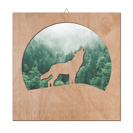 Tablouri - Tablou din Lemn cu Siluetă Lup și Fundal Pădure – Decor Rustic, Natură, Cadou Unic