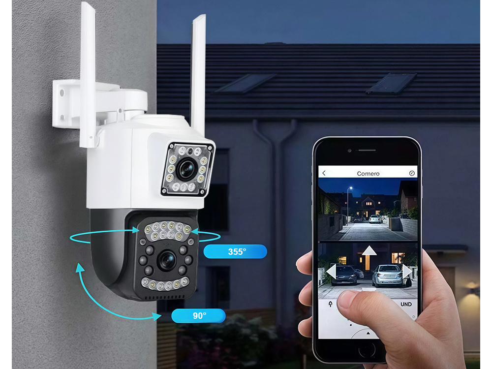 Cameră cu două obiective, Wi-Fi, de exterior, rotativă, cu detector de mișcare, IP, 4G [10]