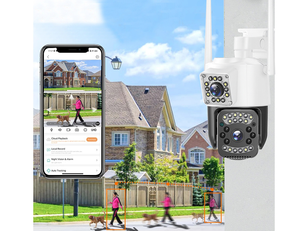 Cameră cu două obiective, Wi-Fi, de exterior, rotativă, cu detector de mișcare, IP, 4G [4]