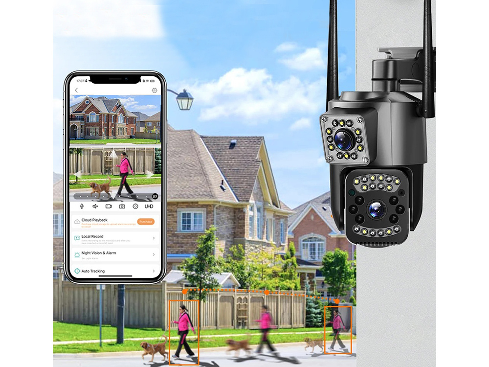 Cameră cu două obiective, Wi-Fi rotativ pentru exterior, detector de mișcare, IP [4]