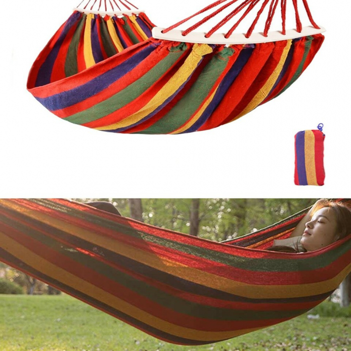 Hamac gradina cu lemn la capete, sac depozitare, 200x83cm, multicolor [2]