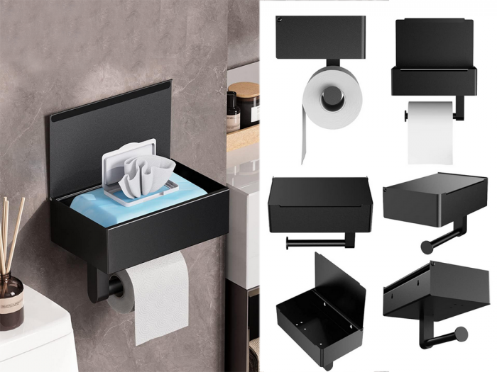 Suport hartie igienica si servetele, raft wc, otel, negru [3]