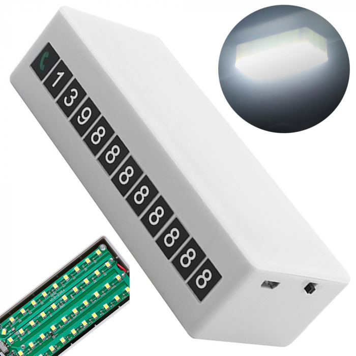 Suport numar telefon 2-in-1, pentru parcare temporara, cu lumina LED pentru urgente, reincarcabil USB, montaj magnetic, alb [7]