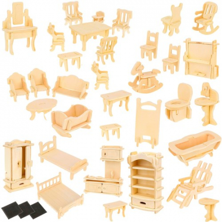 Jucarii - Un set de mobilier din lemn pentru păpuși 34 buc.