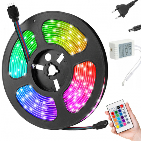 Casa si Bricolaj - Banda led 4.5 metri impermeabila, 300 leduri 5050 RGB, 8 culori, telecomanda, eficienta A+