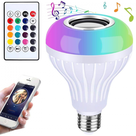Baterii - Boxa portabila, bluetooth, tip bec Led RGB, alimentare fasung E27, alb
