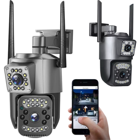 Camere supraveghere - Cameră cu două obiective, Wi-Fi rotativ pentru exterior, detector de mișcare, IP