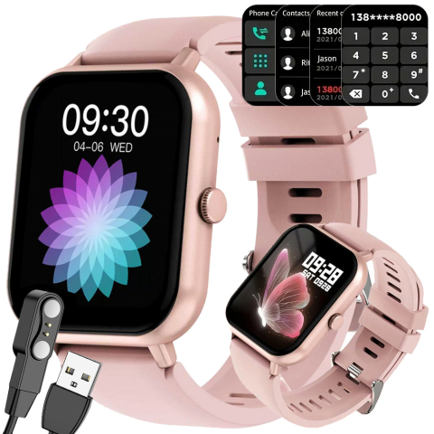Ceasuri - Ceas inteligent pentru femei, bărbați, curea de cauciuc, sport, apeluri Bluetooth, Roz