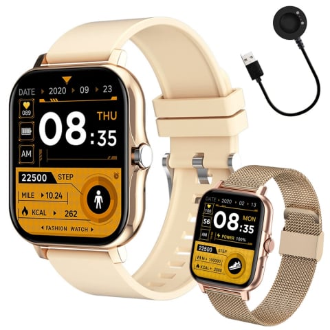 Ceasuri - Ceas inteligent pentru femei, bărbați, curea de cauciuc, sport, apeluri Bluetooth, Auriu