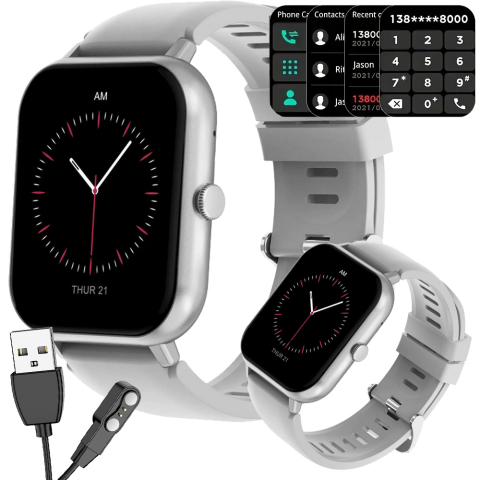 Ceasuri - Ceas inteligent pentru femei, bărbați, curea de cauciuc, sport, apeluri Bluetooth, Gri