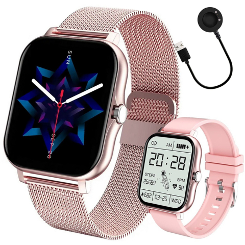 Ceasuri - Ceas inteligent pentru femei, bărbați, curea de cauciuc, sport, apeluri Bluetooth, Roz