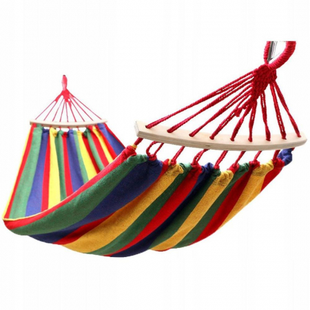 Hamace si leagane - Hamac Single pentru 1 Persoana cu Bara Stabilizatoare din Lemn, Capacitate 150kg, Dimensiuni 200x80 cm, Multicolor