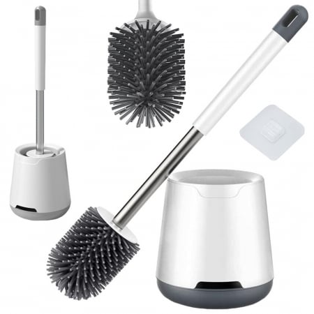 Vase de toaleta si accesorii - Perie toaleta cu suport, Silicon, Alb/Gri