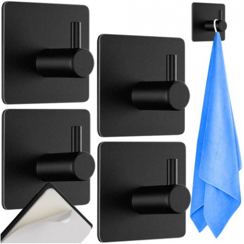 Suporturi si accesorii de baie - Set 4 agatatori prosoape baie, negre, autoadezive