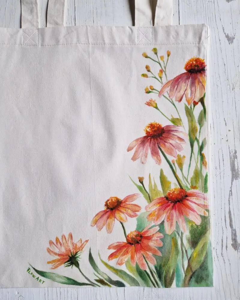 Geantă pictată manual cu flori de echinacea – design original fabricat in Romania [2]